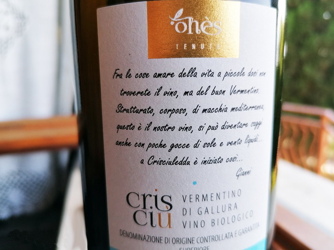 Etichetta del vino Crisciù, Vermentino di Gallura biologico, Erboristeria Officinale