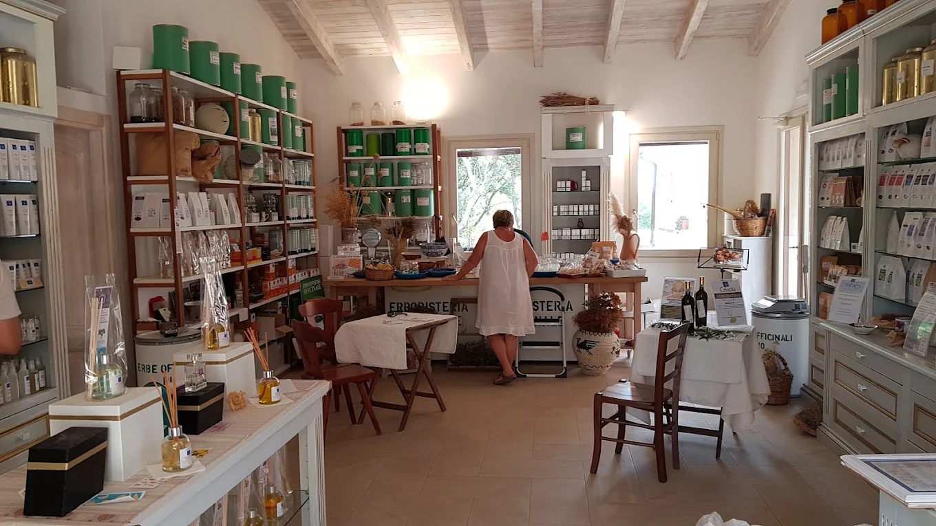 Inside the Erboristeria Officinale shop in Luogosanto, with shelves of natural products